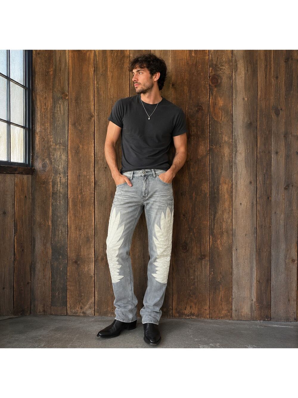 NWT Serenede Gray Wing Applique Straight Leg Jeans Size 28 Designer Streetwear